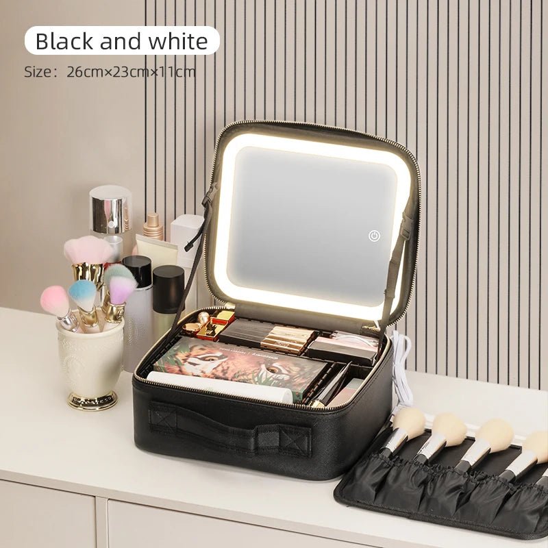Makeup Travel Train Case with LED Lighted Mirror, 3 Color Adjust Settings, Travel Makeup Bag With Adjustable Dividers, - PickXee