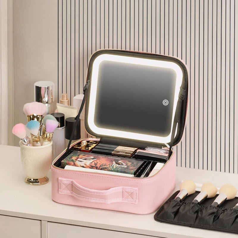 Makeup Travel Train Case with LED Lighted Mirror, 3 Color Adjust Settings, Travel Makeup Bag With Adjustable Dividers, - PickXee