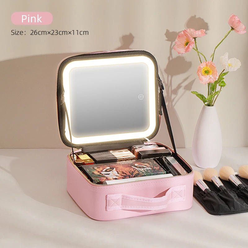 Makeup Travel Train Case with LED Lighted Mirror, 3 Color Adjust Settings, Travel Makeup Bag With Adjustable Dividers, - PickXee