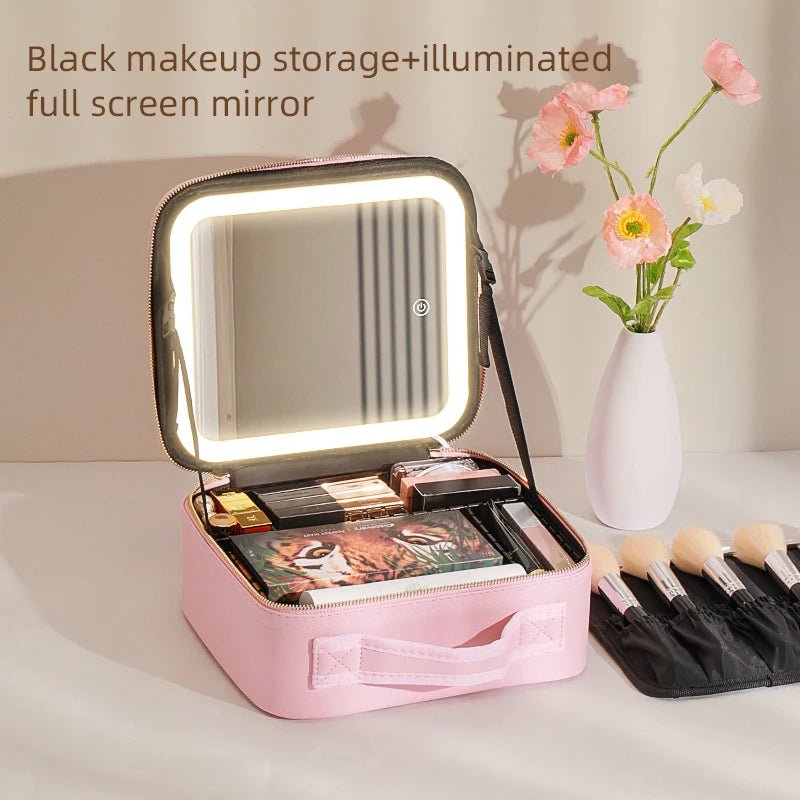Makeup Travel Train Case with LED Lighted Mirror, 3 Color Adjust Settings, Travel Makeup Bag With Adjustable Dividers, - PickXee