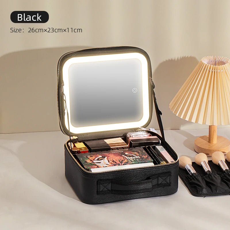 Makeup Travel Train Case with LED Lighted Mirror, 3 Color Adjust Settings, Travel Makeup Bag With Adjustable Dividers, - PickXee