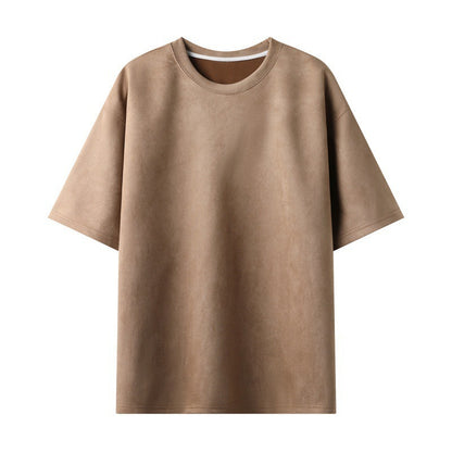 New Men's Second Section Solid Color Light Board Suede Loose Round Neck Pullover Short Sleeve T-shirt