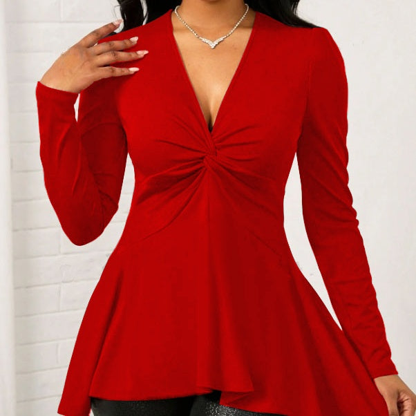 Women's Solid Color V-neck Cinched Waist Slimming Neckline Knot Design Wide And Relaxed Top