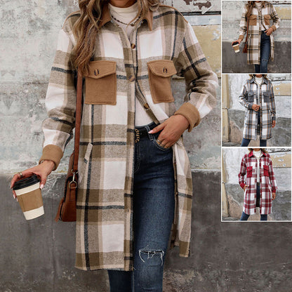 New Brushed Plaid Long Coat with Pockets