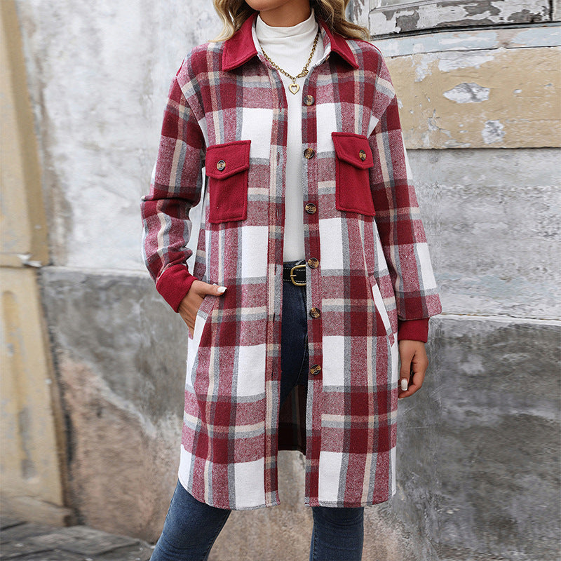 New Brushed Plaid Long Coat with Pockets