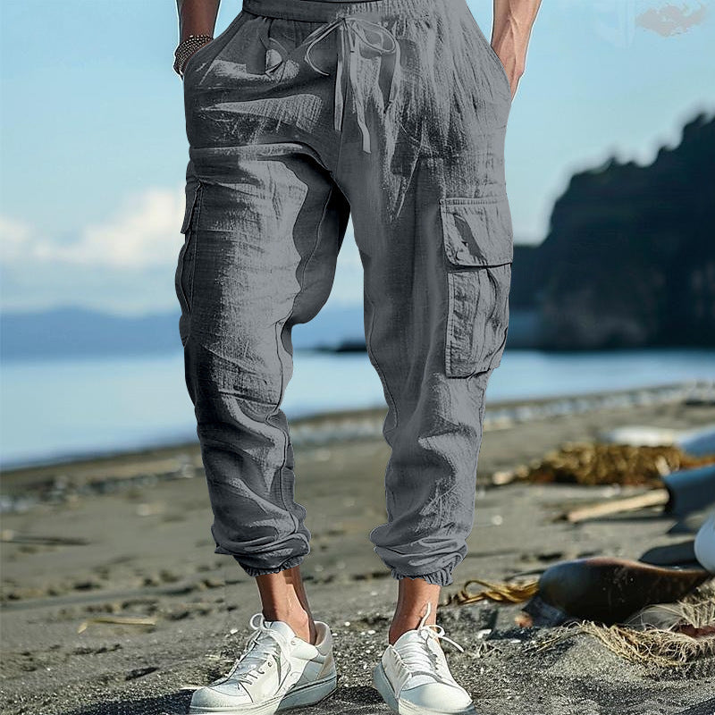 Multi-pocket Tether Solid Color Loose Cargo Pants Men