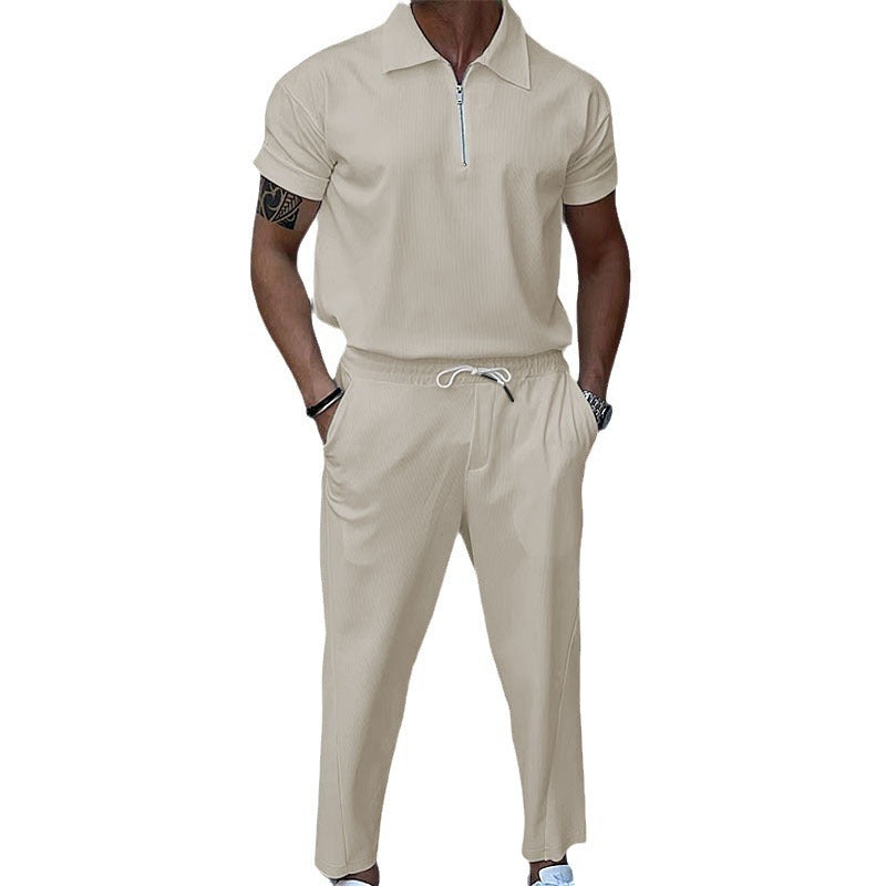 Men's Clothing Solid Color Polo Collar Short Sleeve Trousers Suit