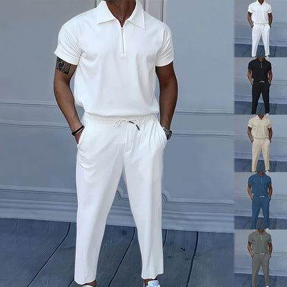 Men's Clothing Solid Color Polo Collar Short Sleeve Trousers Suit