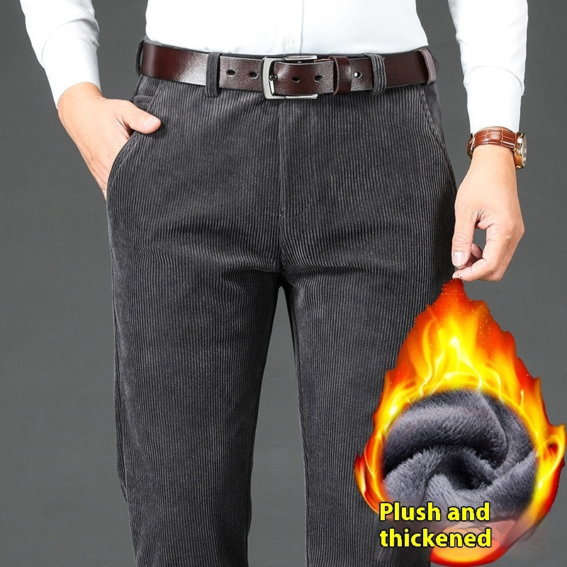 Fleece-lined Thick Corduroy Men's Pants Middle-aged High Waist Warm