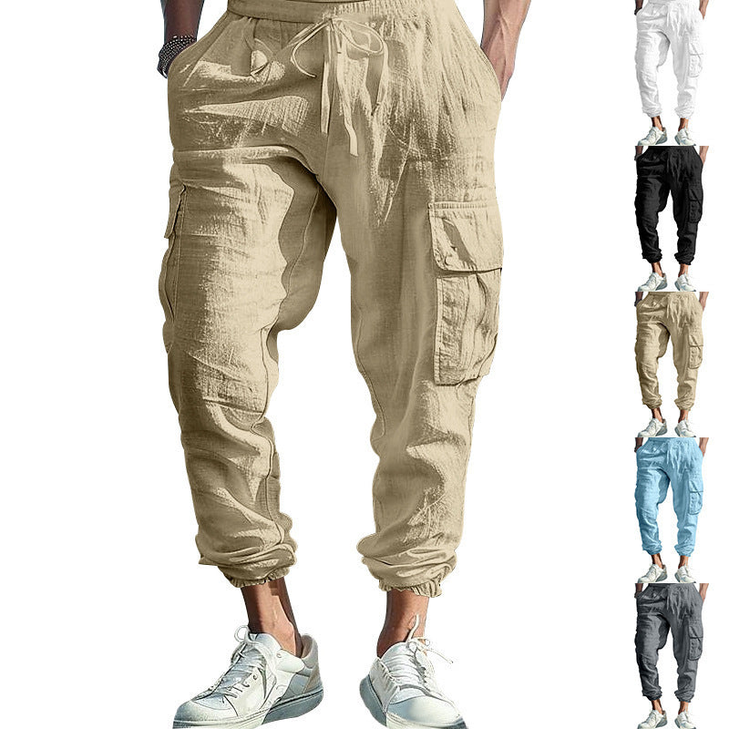 Multi-pocket Tether Solid Color Loose Cargo Pants Men