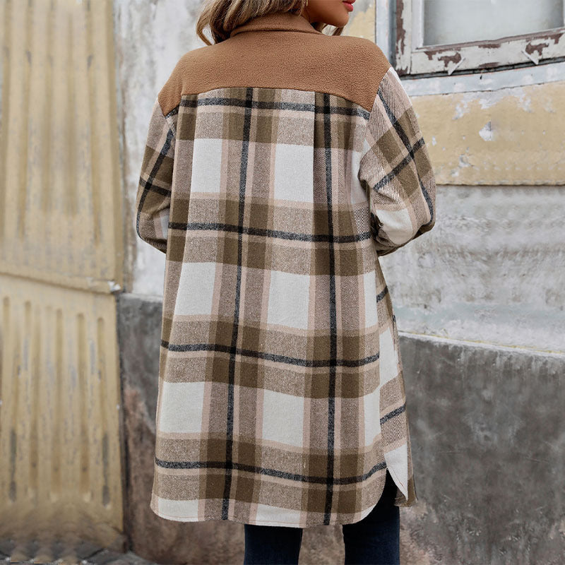 New Brushed Plaid Long Coat with Pockets