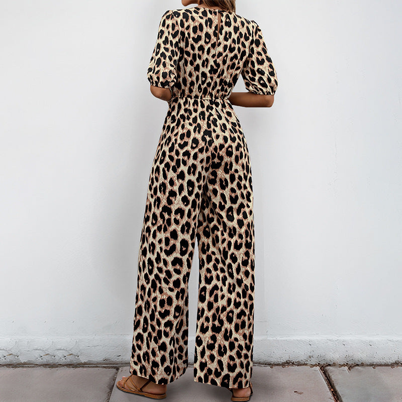 European And American Jumpsuit Tied High Waist Leopard Print One-piece Trousers