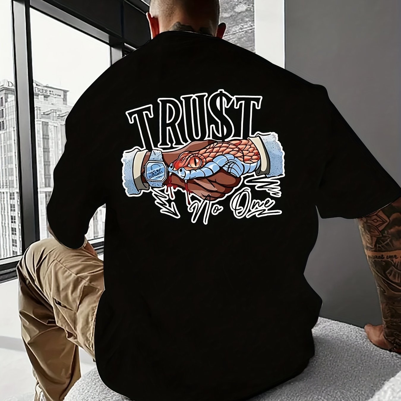 Trust No One Creative Printed Summer Casual T-shirt For Men With Short Sleeves, Sports And Leisure Style, Fashionable Round Neck Top For Daily Wear