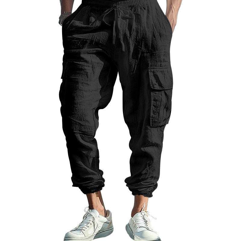 Multi-pocket Tether Solid Color Loose Cargo Pants Men