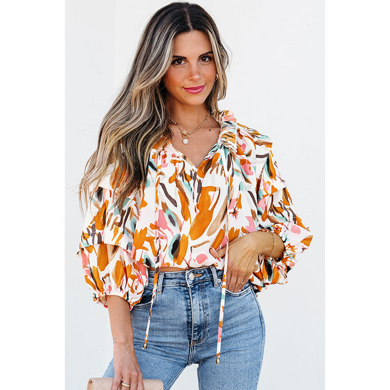 European And American Fashion Colorblock Printed V-neck Chiffon Shirt Women