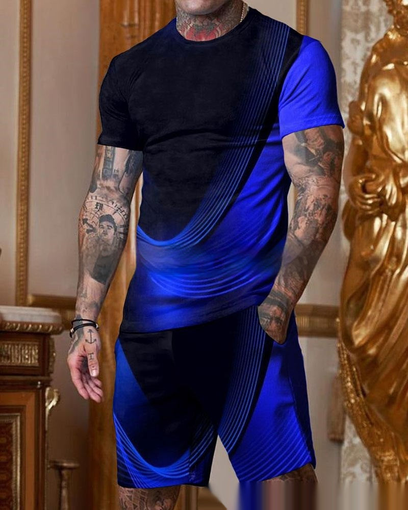 Men's Casual Short Sleeve Round Neck Gradient Colorful Suit