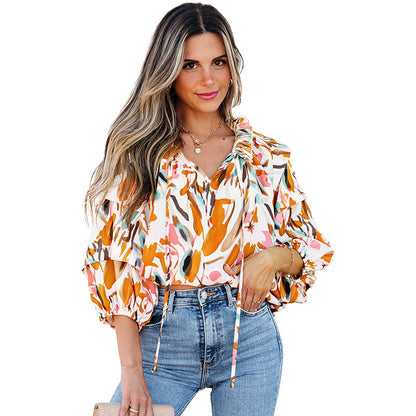 European And American Fashion Colorblock Printed V-neck Chiffon Shirt Women