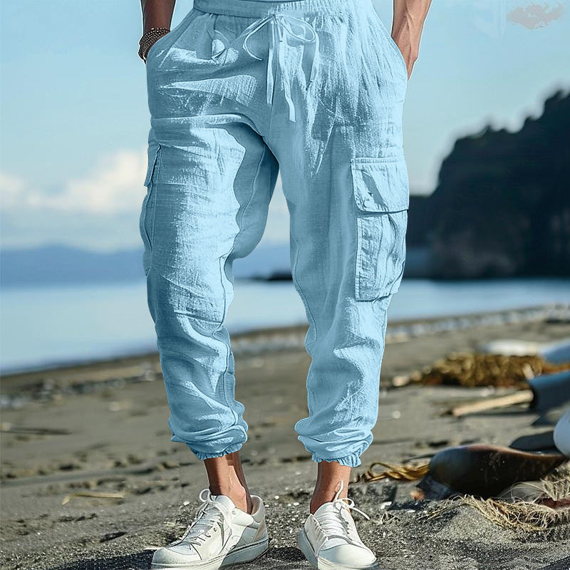 Multi-pocket Tether Solid Color Loose Cargo Pants Men