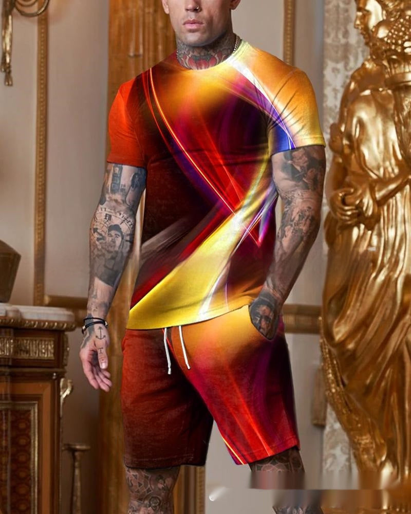 Men's Casual Short Sleeve Round Neck Gradient Colorful Suit