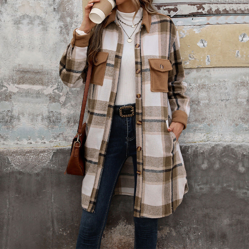 New Brushed Plaid Long Coat with Pockets