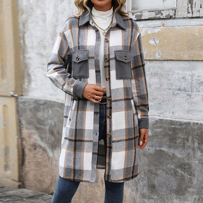 New Brushed Plaid Long Coat with Pockets