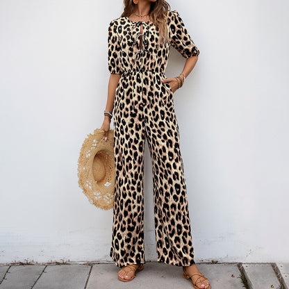 European And American Jumpsuit Tied High Waist Leopard Print One-piece Trousers