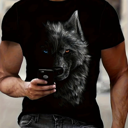 3D Digital Cool Wolf Contrast Color Eye Pattern Round Neck T-shirt, Men's Summer Outdoor Activity Fashion Top