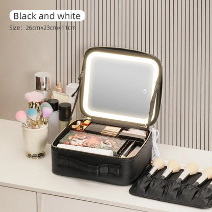 Makeup Travel Train Case with LED Lighted Mirror, 3 Color Adjust Settings, Travel Makeup Bag With Adjustable Dividers, - PickXee