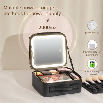 Makeup Travel Train Case with LED Lighted Mirror, 3 Color Adjust Settings, Travel Makeup Bag With Adjustable Dividers, - PickXee