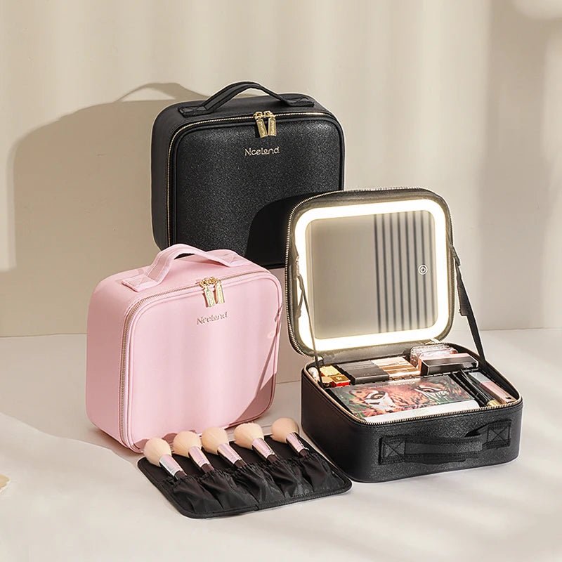 Makeup Travel Train Case with LED Lighted Mirror, 3 Color Adjust Settings, Travel Makeup Bag With Adjustable Dividers, - PickXee